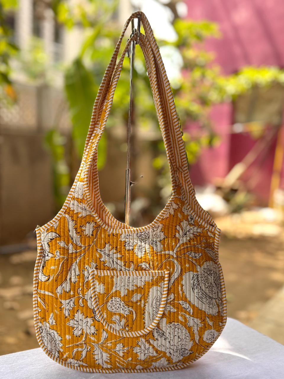 Mustard Floral Printed Round Tote Bag