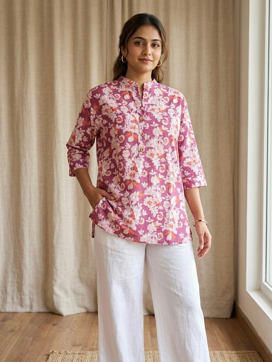 Pink Purple color printed cotton short kurti