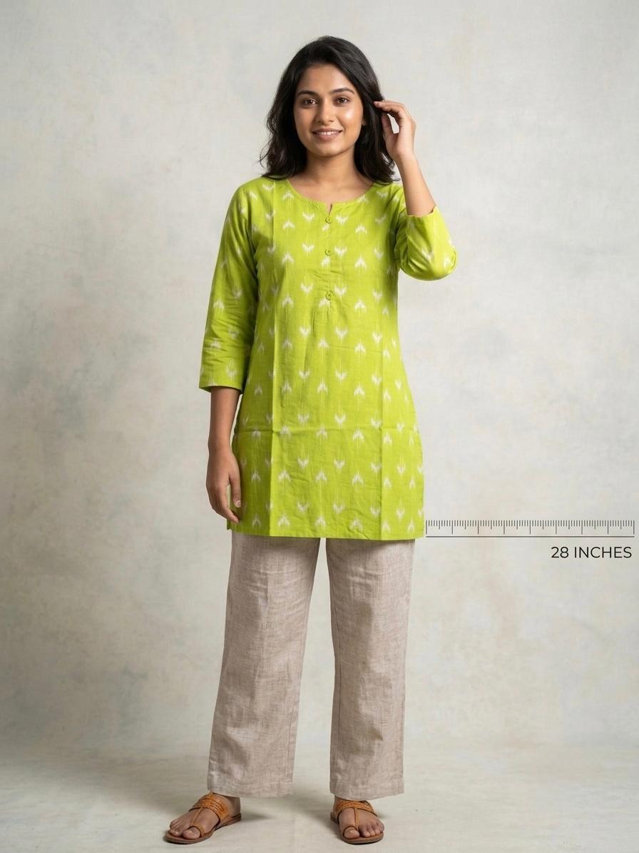 Green Ikkat Printed Cotton Short Kurti
