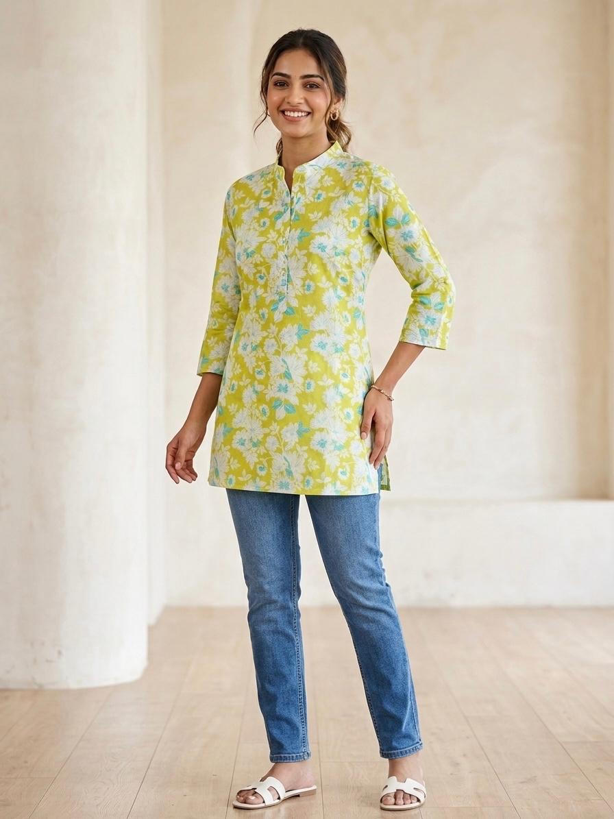 Premium Green Floral Cotton Short Kurti