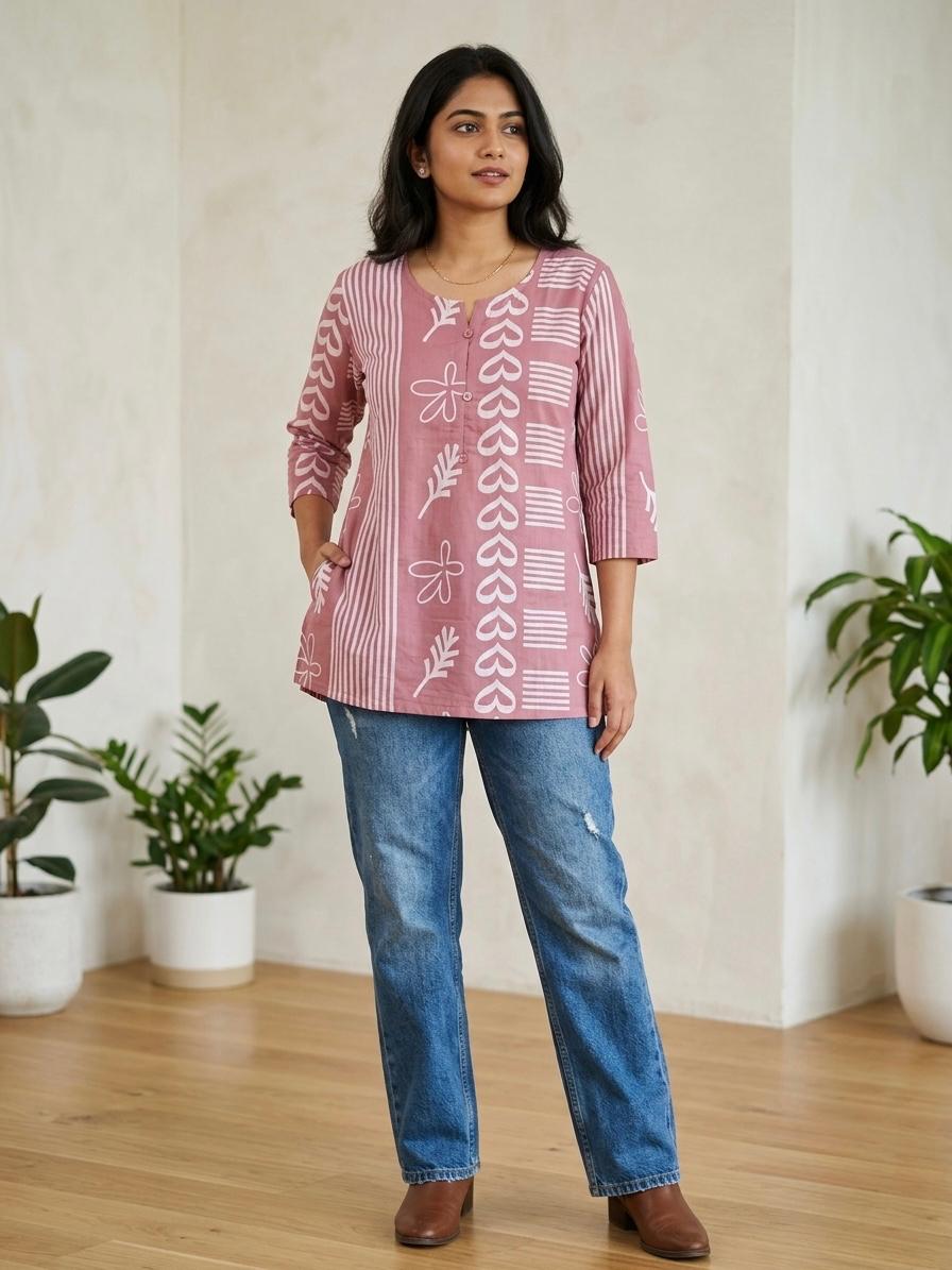 Pink Printed Cotton Short Kurti | Stylish Ethnic Wear