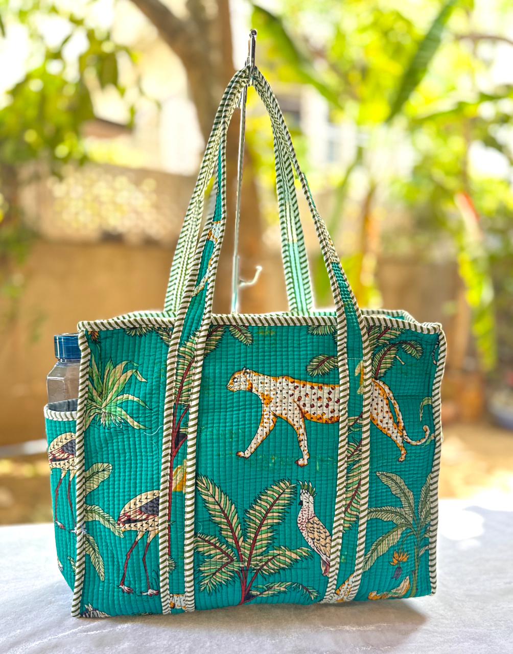 Teal blue Animal printed Quilted Tote Bag