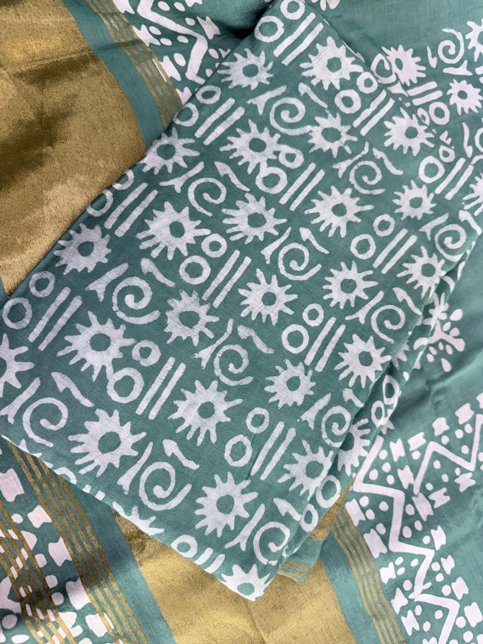 Batik print sea green color cotton chanderi unstiched suit - Image 2