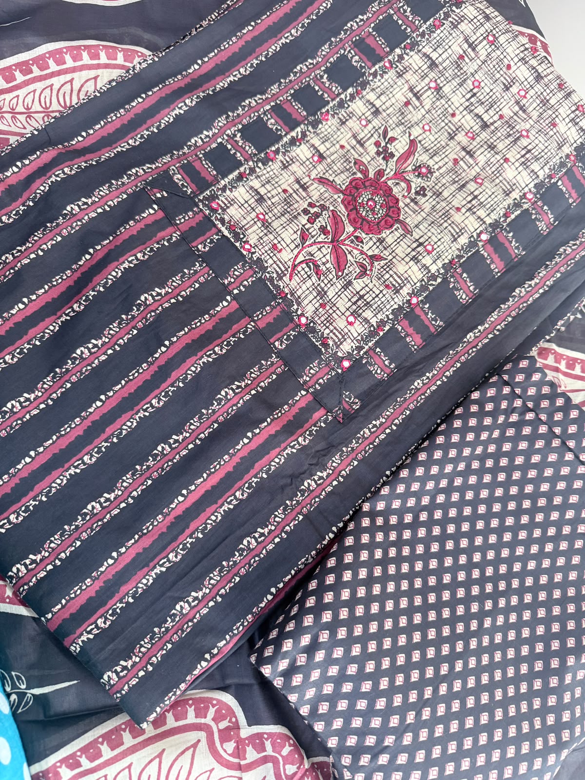 Black Mehroon Thread Work Cotton Suit