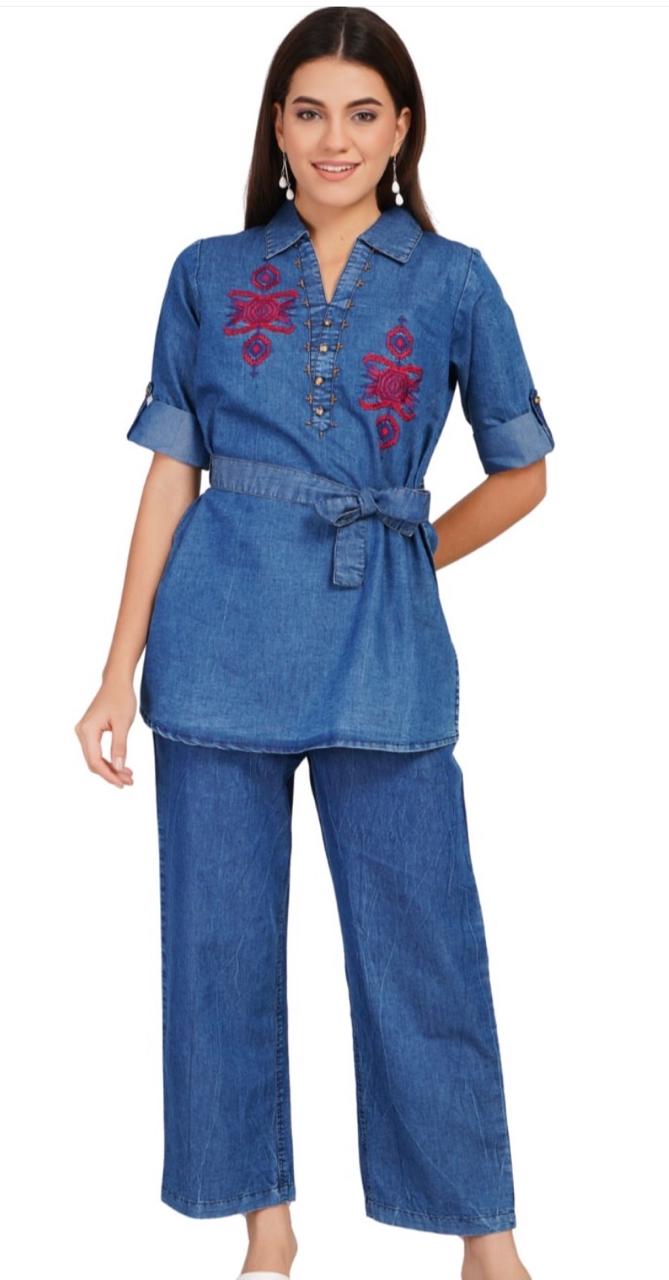 Embroidered Tunic & Trousers Denim Co-ord Set