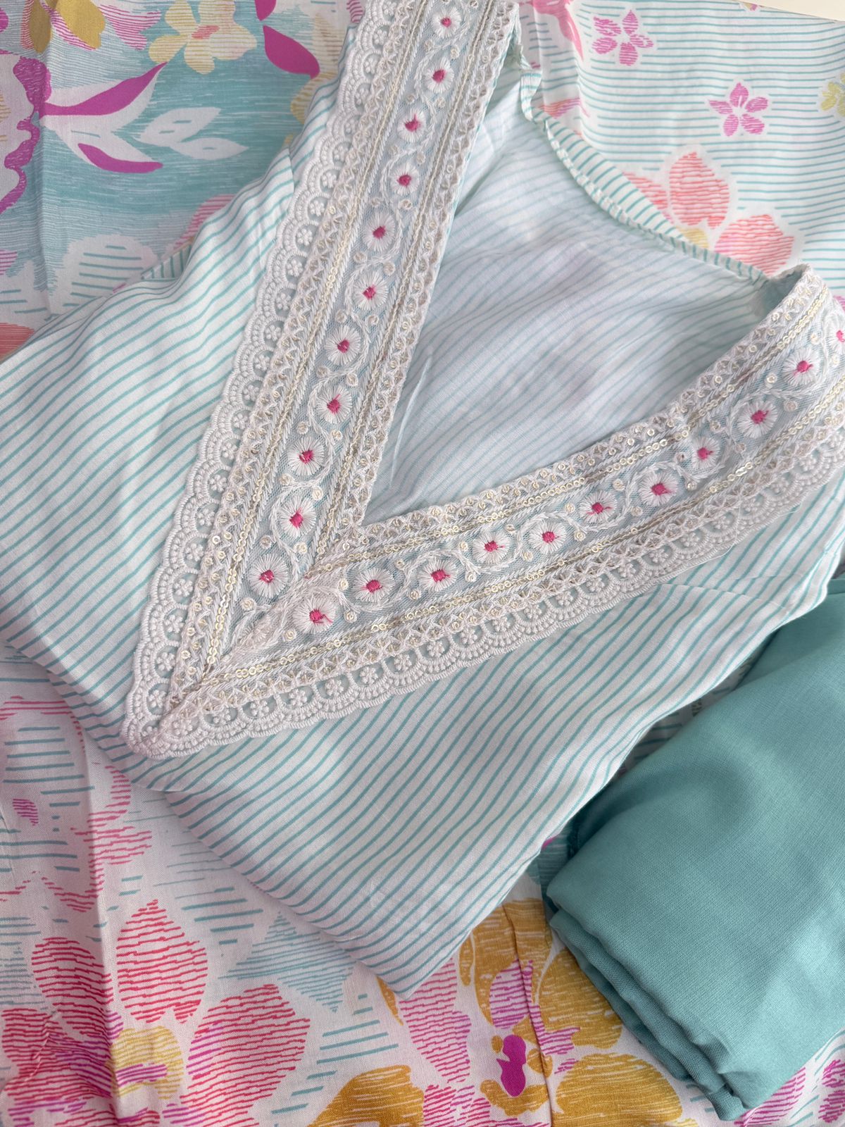 Pastel Aqua Blue Floral Maslin Printed Suit Set